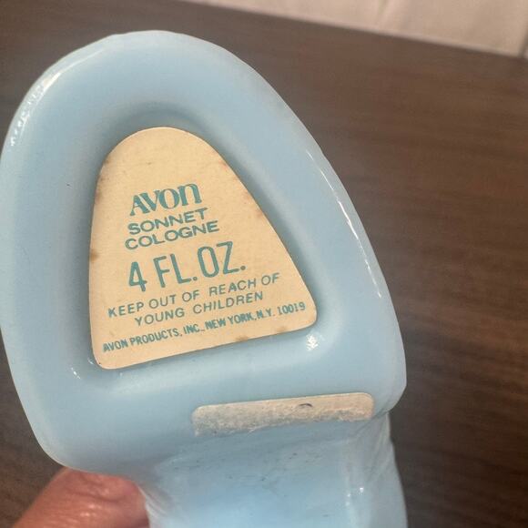 Vintage Avon Sonnet Cologne Bottle Blue Glass Victorian Boot with Tan Top 1970s - Picture 3 of 3